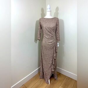 Alex Evenings Sequin Lace Gown 3/4 Sleeves 
Cascade Detail Front Slit Size 8 NEW